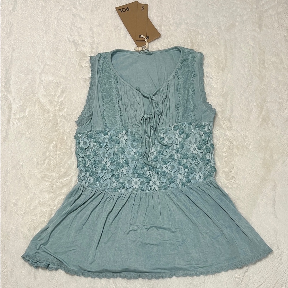POL Sleeveless Lace Top in Soft Blue